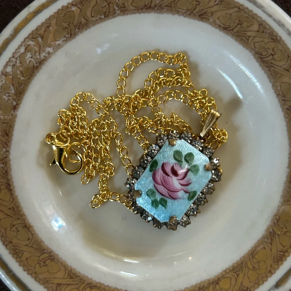 Vintage Guilloché Rose Pendant Necklace